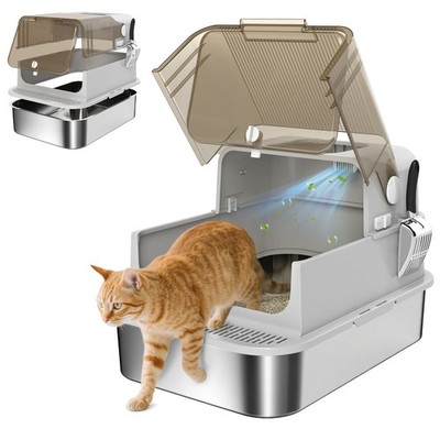 PawHut XXL Katzentoilette aus Edelstahl, geschlossenes Katzentoilette mit Deckel