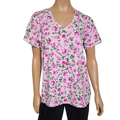 WOMAN WITHIN Pale Pink Floral V-Neck Short Sleeve Knit Top Tee size Large 18/20 - Picture 2 of 10