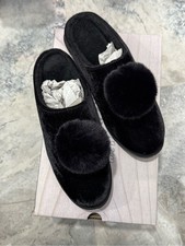 BearPaw Women's Black Faux Fur Pom Pom Slide Slippers- wool blend