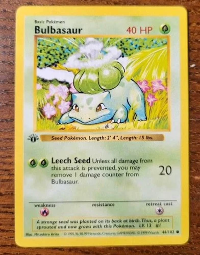 Pokémon TCG Bulbasaur 044/102 Base Set, Shadowless 1st Edition LP