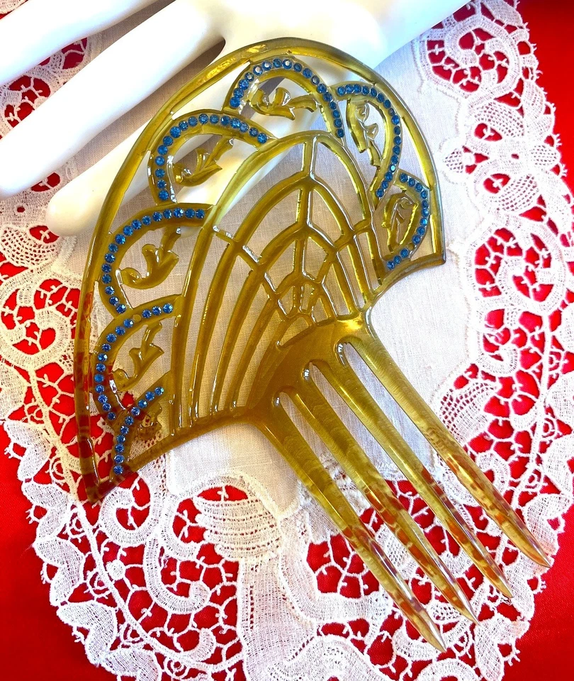 Peine de pelo Art Deco antiguo vintage - mantilla celuloide pedrería azul claro Foto 3 de 4