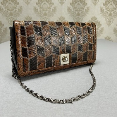 Vintage 70s Patchwork Snakeskin Clutch Evening Bag Genuine Leather Brown/Black