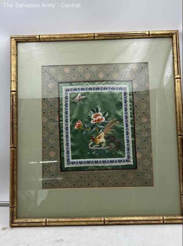 Multicolor Silk Flower Embroidery Decorative Art Panel In Gold Frame
