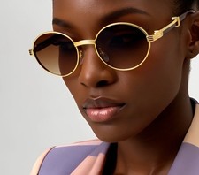 Vintage Style Oval Shape Women Sunglasses Wood-Grain-Patterned Temple Arms Ladys