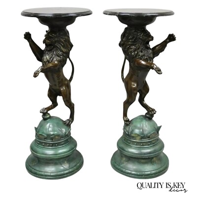 Regency Style Bronze Lion Figure Marble Top Pedestal Table after P.J Mene, Pair