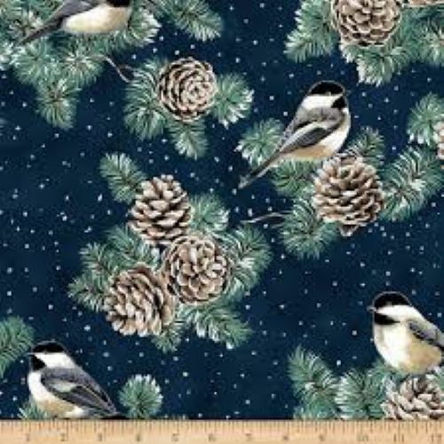 Fat Quarter Christmas First Snowfall Birds & Pinecones Navy 100% Cotton Fabric