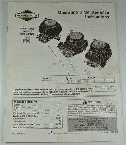 Briggs & Stratton Operating Maintenance Instructions Models 210000 280000 31000
