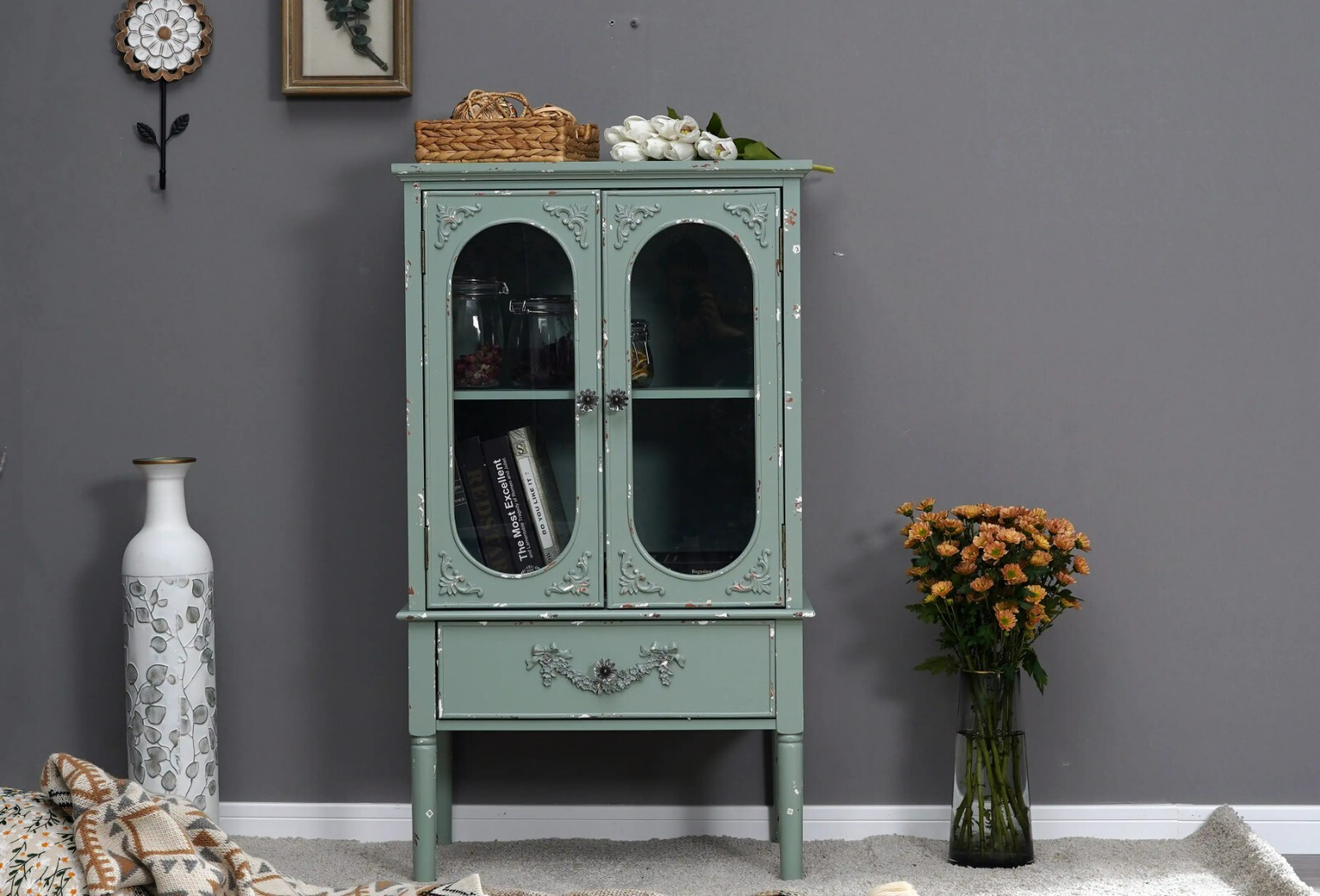 Accent Display Storage Cabinet with 2 Glass Door for Living Room Green