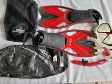 Phantom Aquatics Fins Flippers, Snorkel, Goggles, Bag Sz S/M Swim Snorkeling 