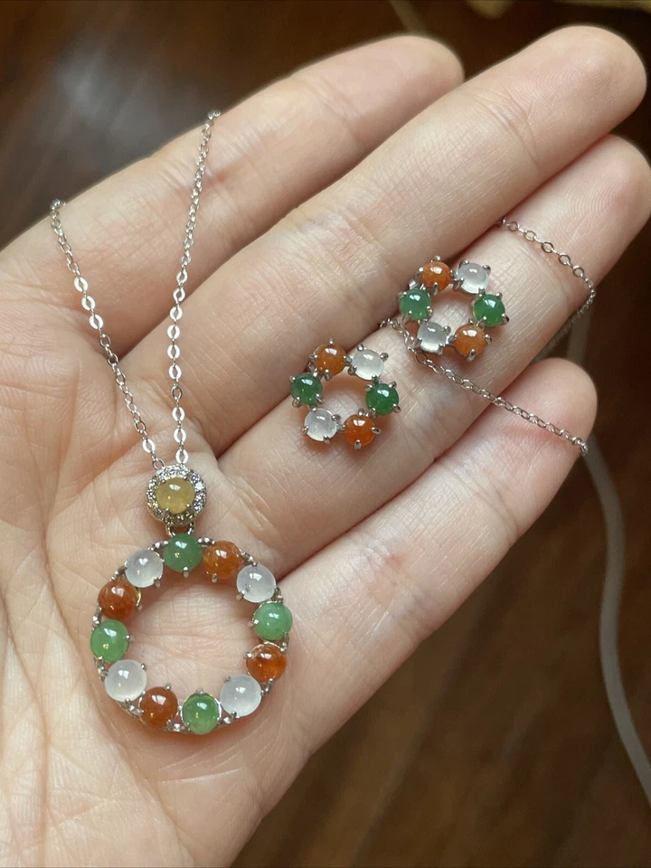 Juego de pendientes y colgantes de plata de ley S925 grado A jadeíta - 糖果花環有種有色一套 Foto 3 de 4