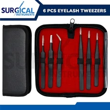 6 Pcs Eyelash Extension Tweezers Set with Carrying Case Anti-Static Black Color