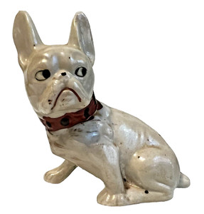 Vintage French Bulldog - Ceramic White Iridescent Figurine with Red Collar