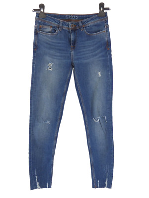 Zara Skinny Jeans Mid Rise Cropped Z1975 Slim Fit Ripped Mid Wash UK 6 EUR 34
