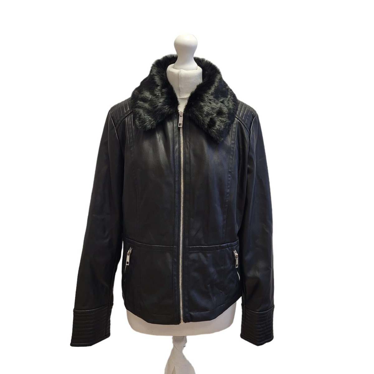 M&Co Black Zipped Faux Leather Jacket Uk Women's 16 BB211 UK
