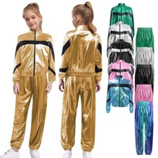 Kids Girls Set Metallic Suit Baseball Outfits Dance Contrast Color Bomber Coat