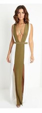 L2286 PRETTY LITTLE THING WOMEN'S MAYA CREAM OLIVE BELTED MAXI DRESS SIZE 6 UK