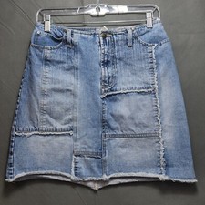Faded Glory Patchwork Mini Vintage Denim Jean Skirt Missy Women's Size 6 Raw Hem