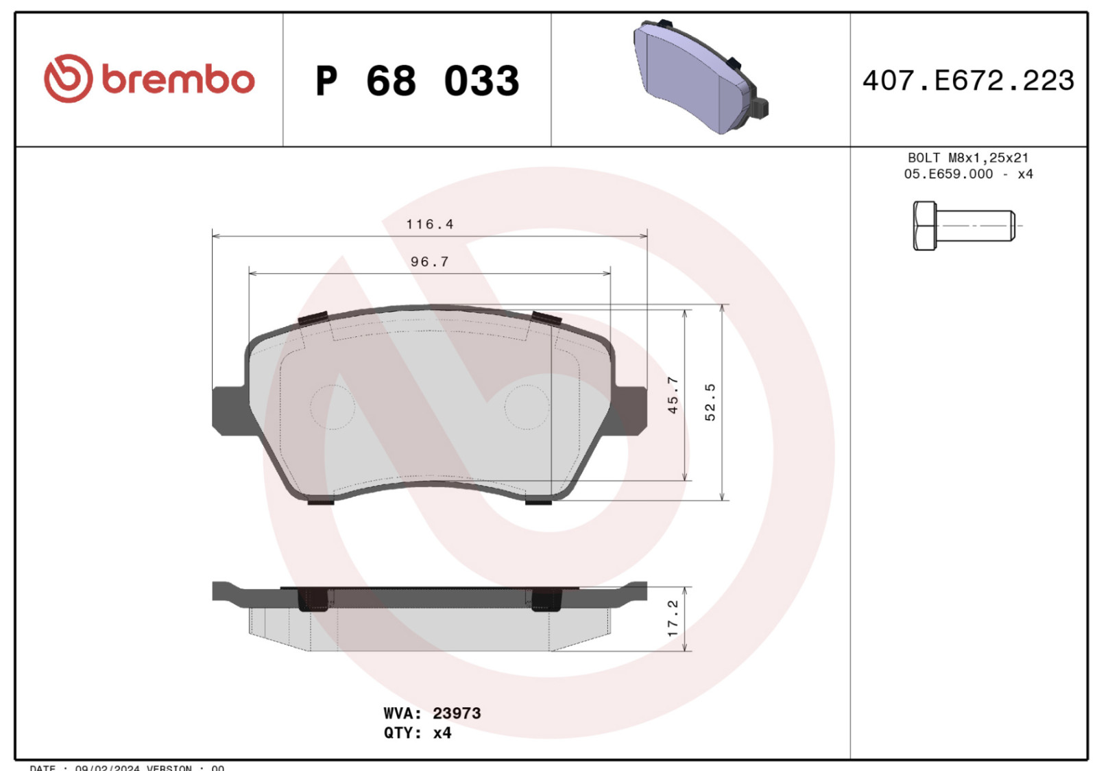 Jeu de plaquettes de freins Brembo P 68 033 de rechange pour l'entretien du train avant