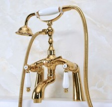Golden Brass Deck Mount ClawFoot Bath Tub Faucet Mixer Tap w/ Handheld Shower
