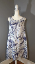 Tahari White and Blue Sleeveless 100% Linen Tropical Beach Palm Leaf Dress L