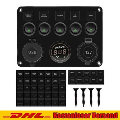 5 Gang LED Rocker Schaltpanel Kippschalter Schalttafel Voltmeter USB 12V-24V DE