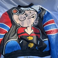 Popeye Mens Leather Bomber Jacket Graphic Pri...