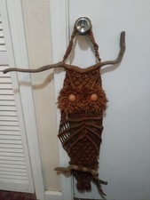 Vintage 1970 Macrame Owl Wall Art Hanging Boho Mid Century Jute Wood 30"