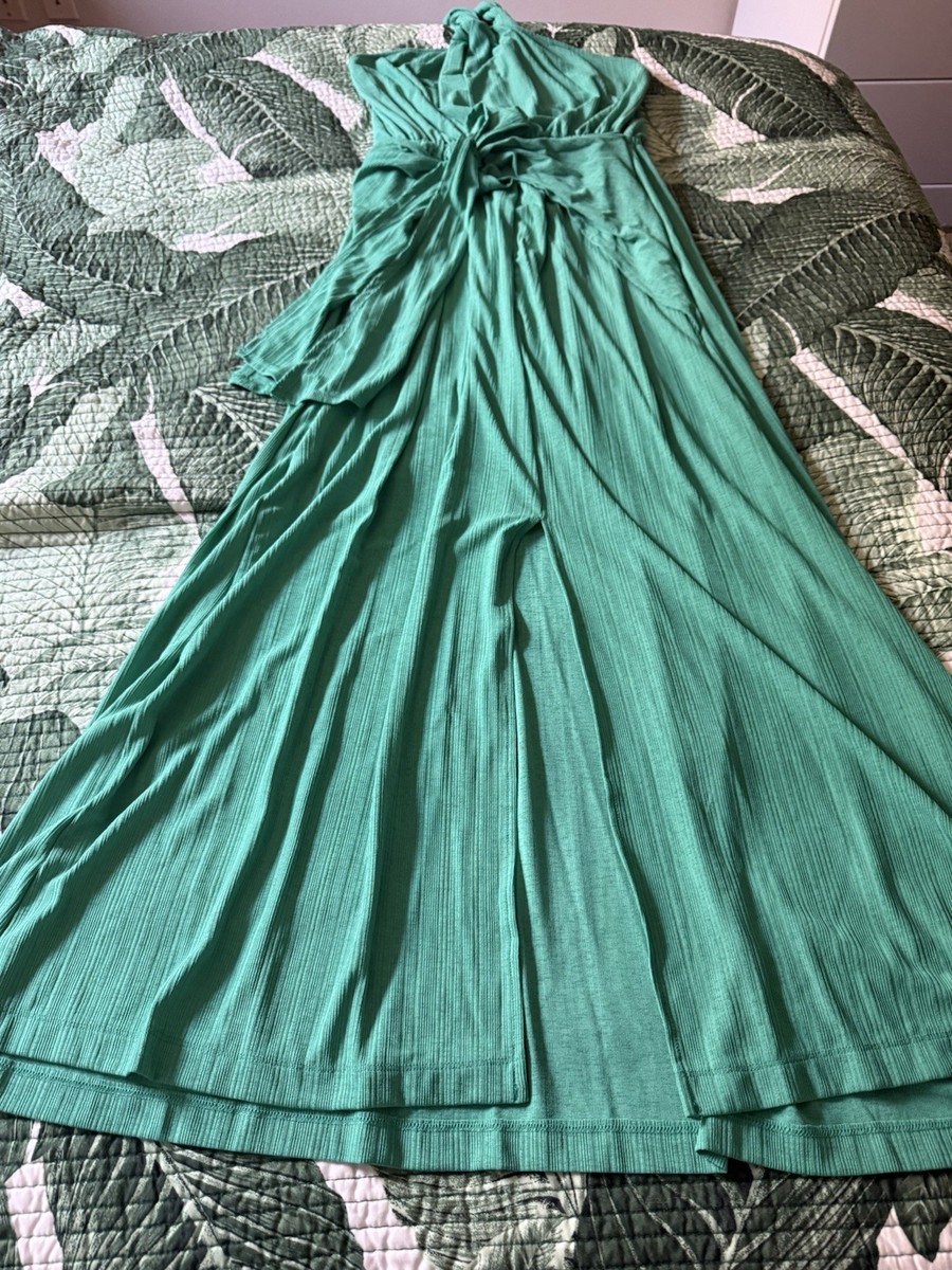 Green Jersey Sleeveless Maxi Dress V-Neck Tie Closure Lightweight Casual Green Jersey Sleeveless Maxi Dress V-Neck Tie Closure Lightweight Casual