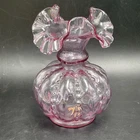 Vtg Fenton Pink Cranberry Glass Melon Vase Ruffled Crimped Rim 5.75” Handmade US