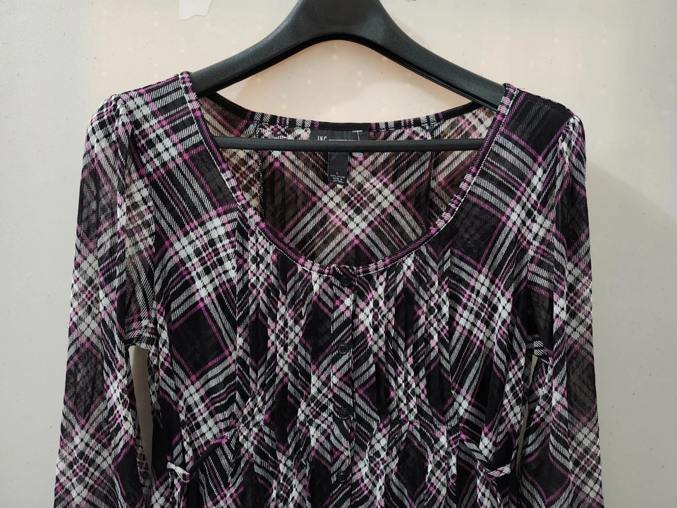 INC Top Mujer L Negro Cintura Corbata Blusa Cuadros Babydoll Barco Nylon Y2K Manga 3/4 Foto 3 de 4
