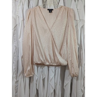 Sincerely Jules Leopard Satin Faux Wrap Blouse Champagne Womens S Bubble Hem