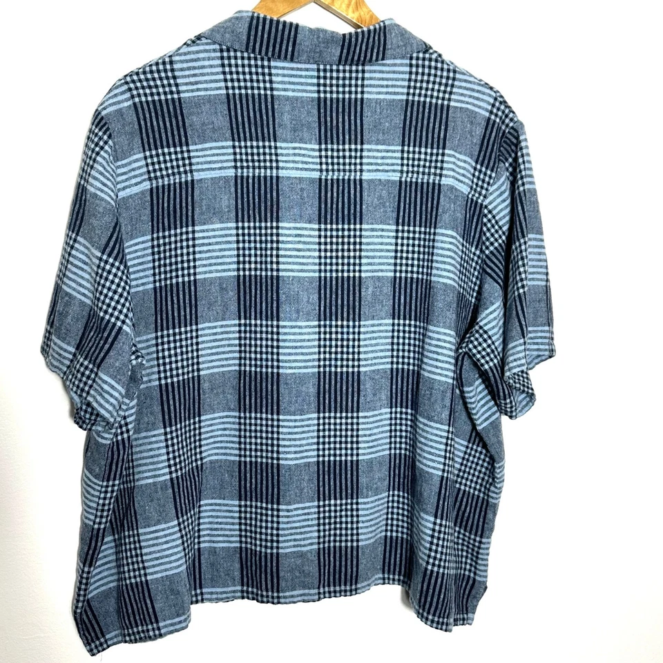 STUDIO WORKS Shirt Women's 3X Blue Plaid Linen Rayon Button Up Short Sleeve Top - Image 4 of 4