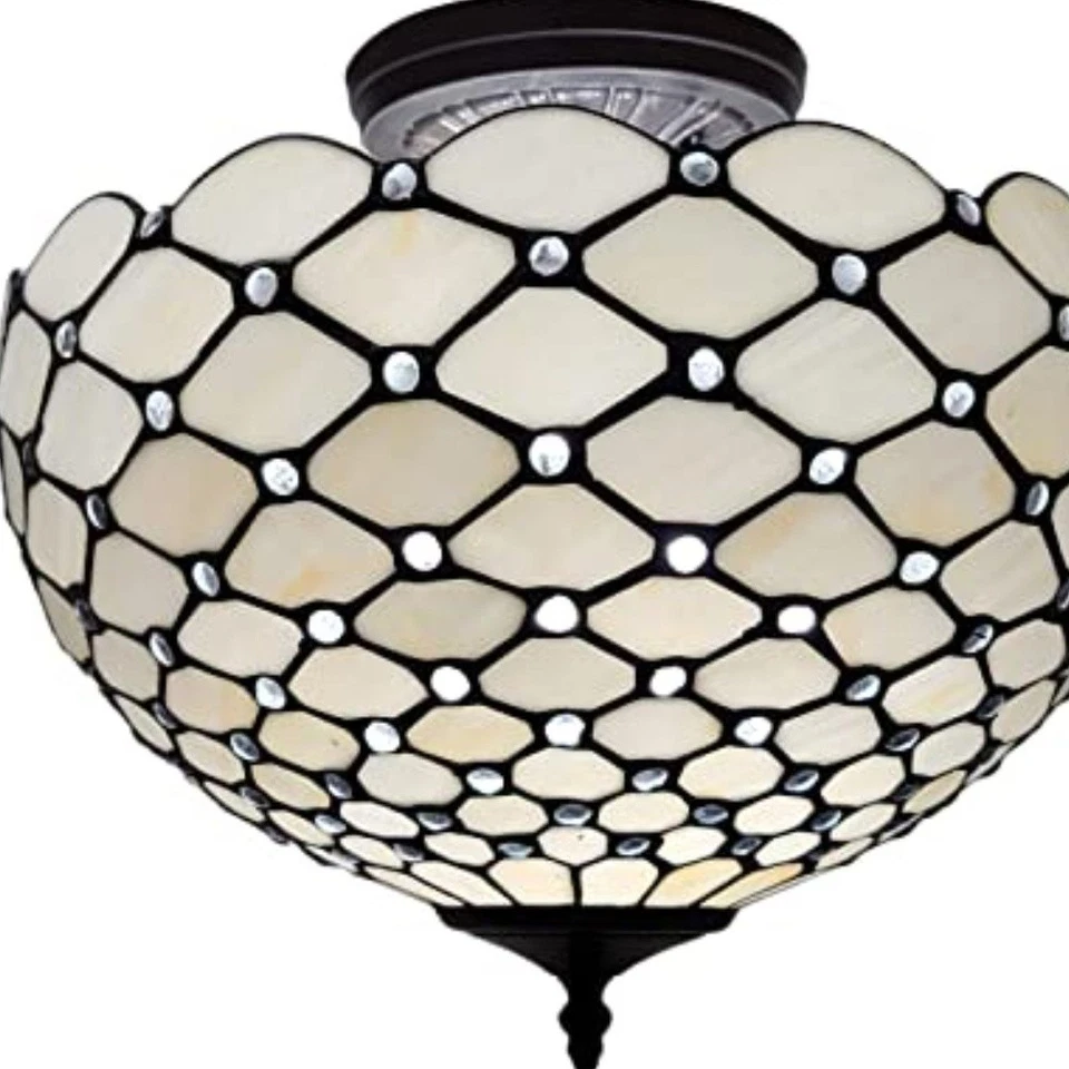 Black and White Tiffany Style Two Light Semi Flush Ceiling Lamp - Image 4 of 4