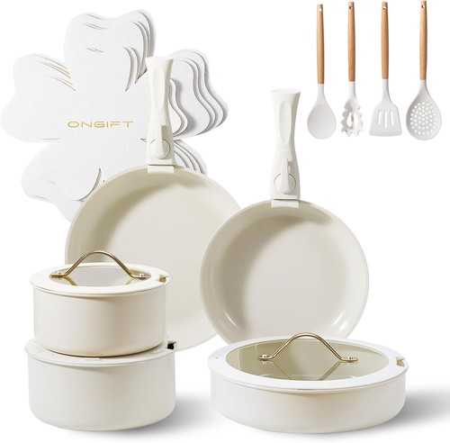 20pcs Ceramic Cookware Set Nonstick, Detachable 20 Piece Set, Cream White - Picture 1 of 7