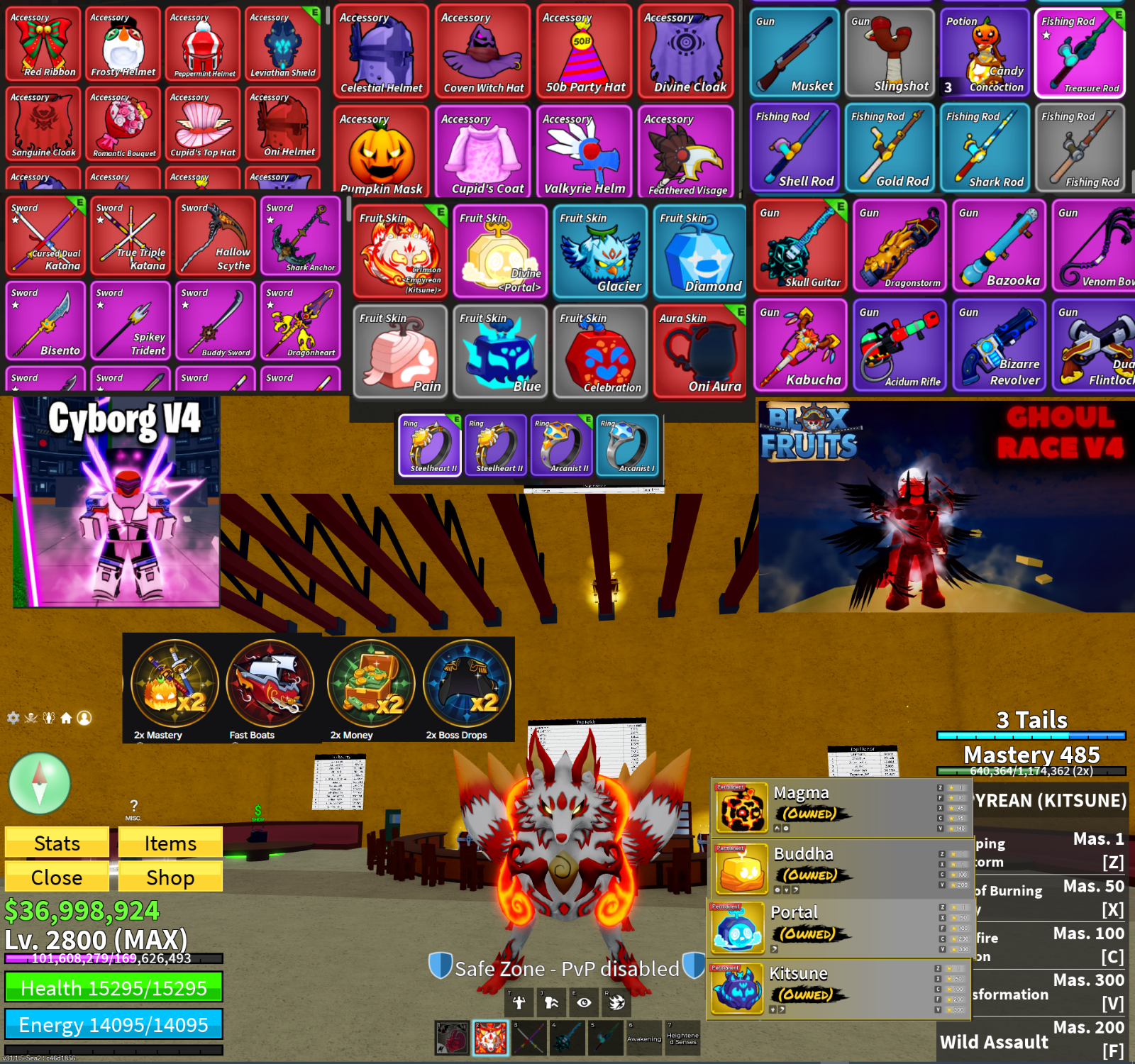 Blox Fruits LV2800 Race V4s GamePasses Empyrean Kit Perm Kitsune, Portal, Buddha