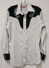 Vintage ELY Plains Mens Size Medium 15 -15 1/2 Embroidered Gray Snap Shirt