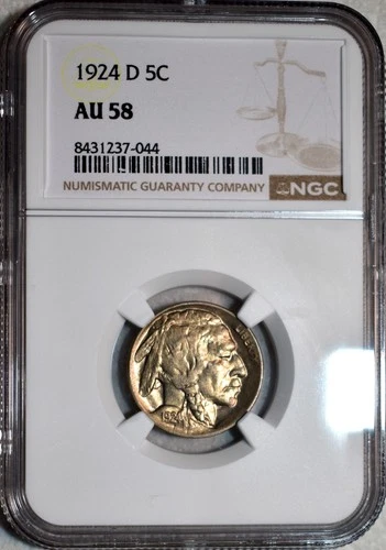 NGC AU-58 1924-D Buffalo Nickel, Cartwheeling, Golden-Beauty, Looks BU!