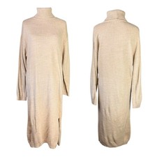NA-KD S Tan Knitted Oversize Long Sleeve Side Slit Turtleneck Midi Sweater Dress