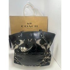 Coach Laura Signature Tote F18335 Black Gray Patent Leather Circle Shoulder Bag