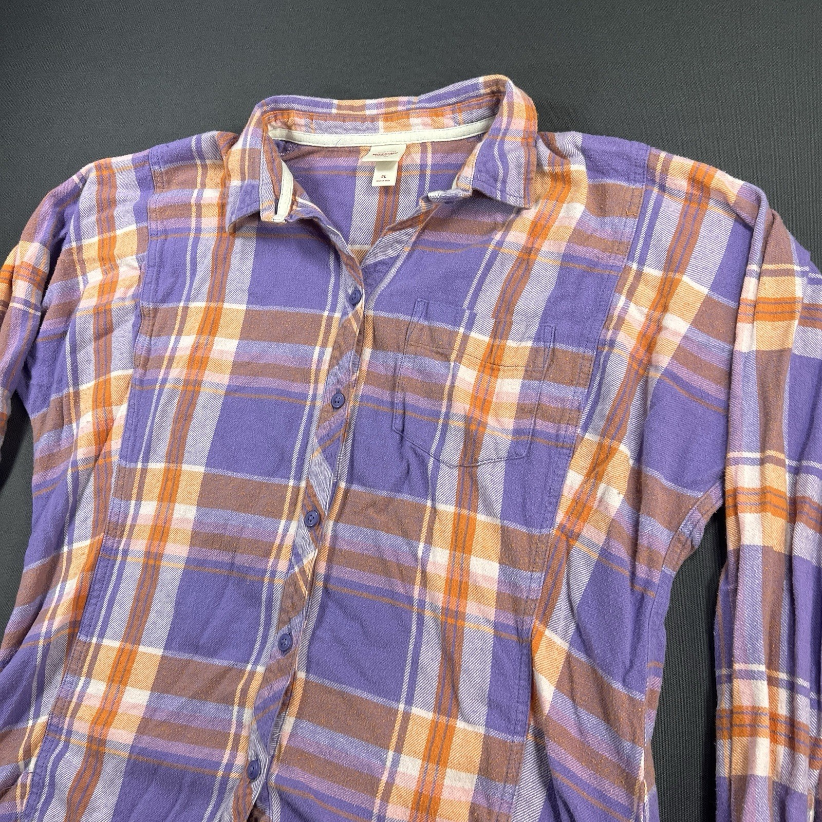Mossimo Supply Co Womens LARGE Plaid Flannel Shirt Purple Orange Cotton Button