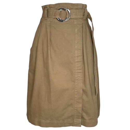 Banana Republic Paper Bag Waist Belted Midi Skirt Khaki Tan Cotton Blend Size 10