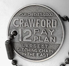 Vintage Charge Coin Tag: CRAWFORD CLOTHES, New York NY; Clothing Dep't Store