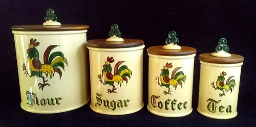 Vintage Poppytrail By Metlox Rooster Canister Set of 4 Flour Sugar Coffee Tea
