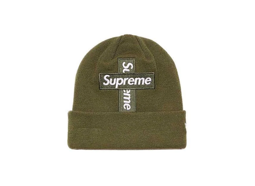 Bonnet Supreme New Era logo boîte croisée olive clair