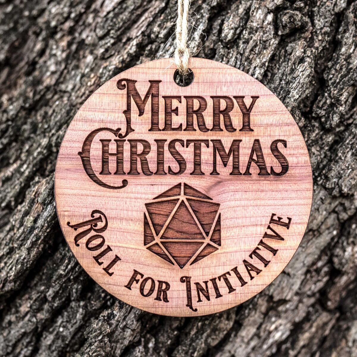 Merry Christmas - Roll for Initiative - Raw Cedar Ornament 3x3in Merry Christmas - Roll for Initiative - Raw Cedar Ornament 3x3in