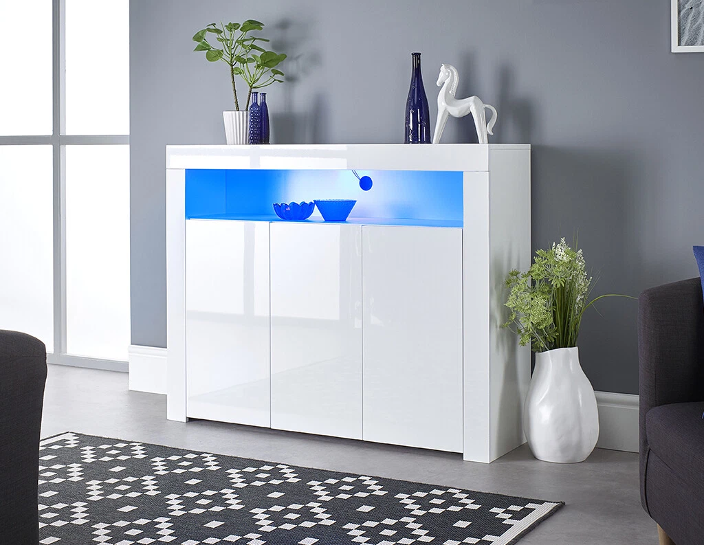 White Gloss Sideboard Display Case Storage Cupboard Buffet with LED Lights