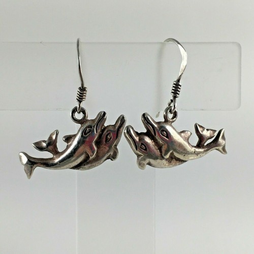 DOLPHIN Sterling Silver Earrings 925 Twin Two Dolphins Party Jewelry Woman Gift - Picture 2 of 12