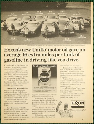 Exxon Uniflo Premium Motor Oil Extra Miles Per Tank of Gas Vintage Print Ad 1977