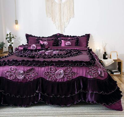 Tache Purple Satin Floral Ruffle Luxury 6 Piece Comforter Set Boho Bedding Queen