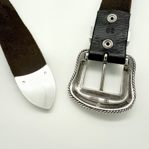 Ceinture homme western cuir fait main taille 36" Amish boucle argentée marron largeur 1,5" - Photo 8/10